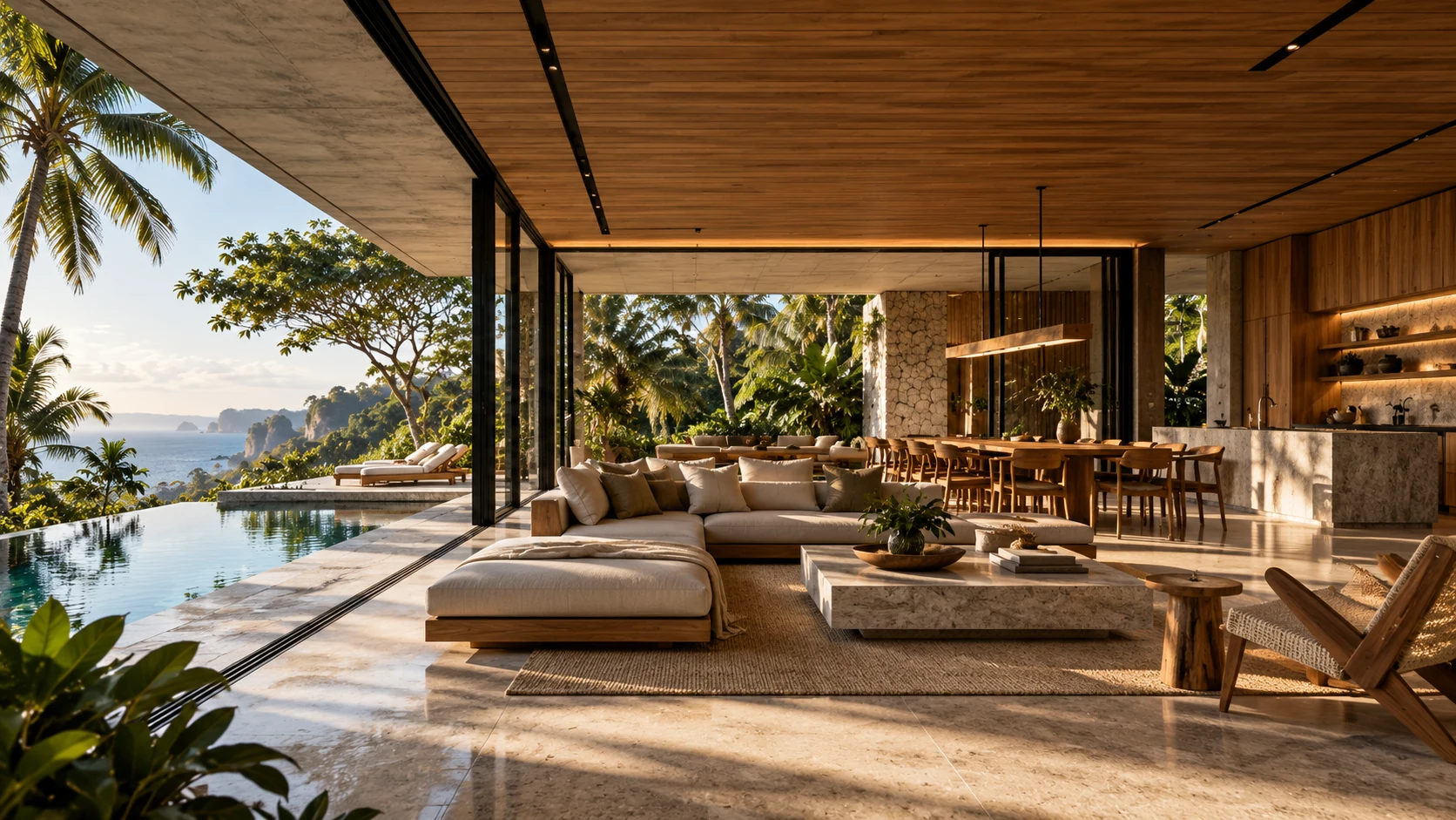 Interior concept with a timber ceiling, stone coffee table and open views to the garden and sea
